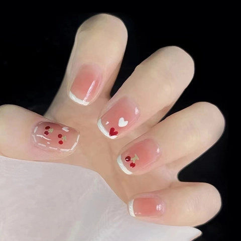 Pink Gradient French Tip Press On Nails With Cherry Heart Pattern Short Square Artificial False Nails Women Manicure