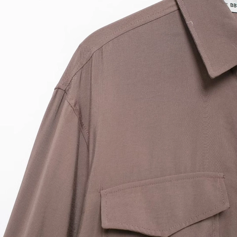 Women Long Sleeve Button Down Shirt Polyester Solid Color Double Breast Pockets Turn Down Collar Loose Casual Blouse