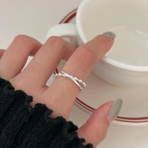 925 Sterling Silver Ring Double Layer Beaded Design Open Adjustable Minimalist Fashion Jewelry For Women