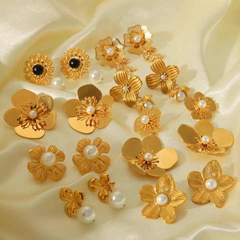 Flower Stud Earrings Stainless Steel With Artificial Pearl And Rhinestone Vintage 18K Gold Plated Jewelry Accessories For Women