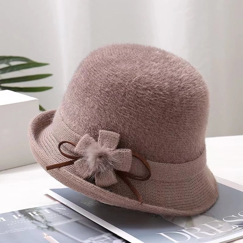 Women Winter Bucket Hat Elegant Flower Pom Pom Decor Knitted Faux Mink Velvet Warm Cloche Hat Adjustable Drawstring