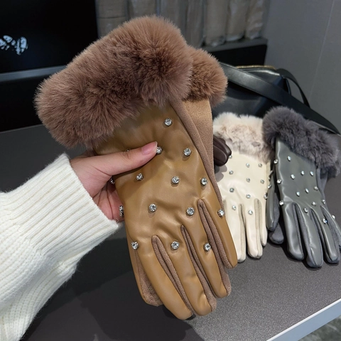 Women Winter Fashion Gloves Faux Leather Touchscreen Thick Warm Fleece Lined With Faux Fur Cuff Rhinestones Decor
