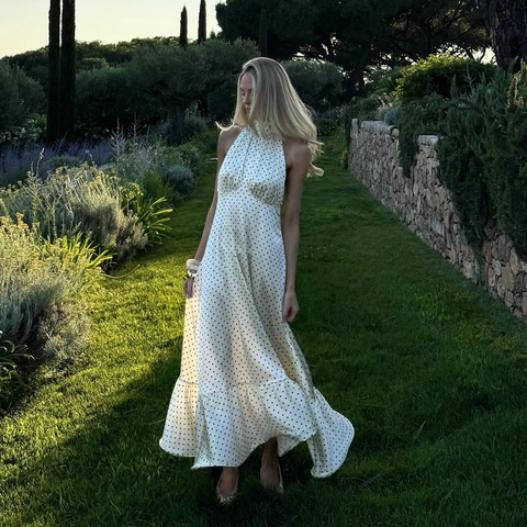 Abito Lungo Raso Poliestere Pois Donna Stile Francese Scollo Americana Schiena Scoperta Elegante Volant Sexy
