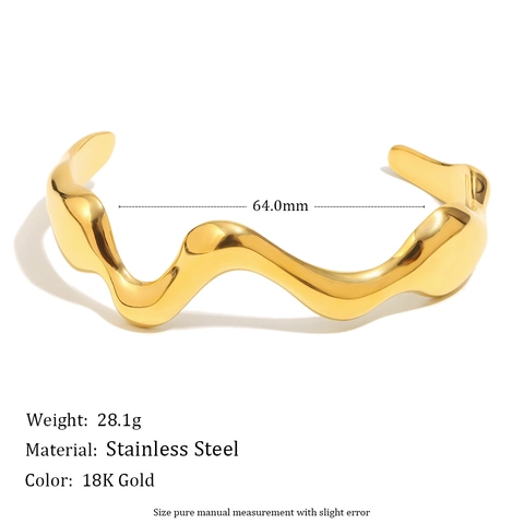 Brazalete De Puño Ondulado Chapado En Oro De 18K Acero Inoxidable Pulsera Abierta Irregular Joyería Pulida Para Mujer