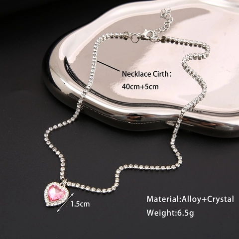 Heart Necklace Alloy Pink Crystal Zircon Pendant Shiny Rhinestone Tennis Chain Sweet Cool Y2K Jewelry For Women