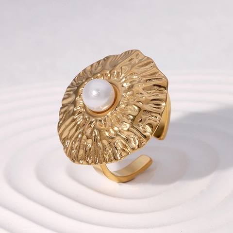 Anillo Abierto De Perla Artificial Con Pliegues Irregulares Acero Inoxidable Chapado En Oro De 18K Retro Francés Joyería Ajustable Mujer