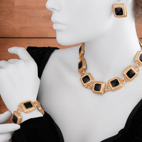 Gioielli Vintage Lega Smalto Nero Collana Bracciale Orecchini Quadrati Perno Argento Rétro Per Donna