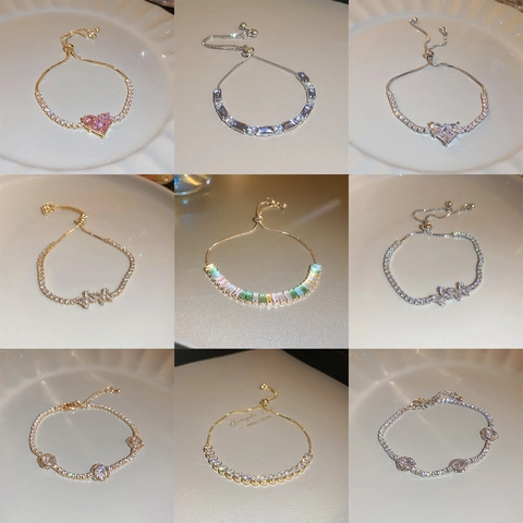 Women Zircon Tennis Bracelet Gold Plated Alloy Heart Butterfly Charm Adjustable Elegant Luxury Hand Jewelry