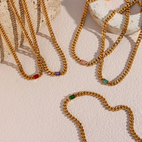 Collana Con Zircone Rettangolare Acciaio Inossidabile Catena A Maglia Cubana Colorata Moda Hip Hop Per Donne Gioielli