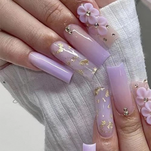 Unghie Finte Lunghe Forma Bara Sfumatura Rosa Viola Con Fiori Tridimensionali Strass E Lamina D Oro Punte Per Unghie