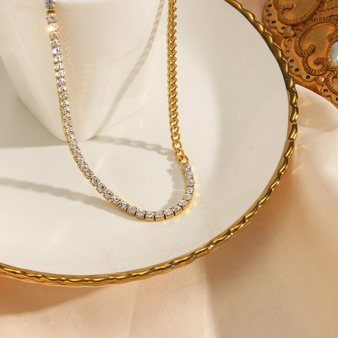 Fashion Stainless Steel Zirconia Patchwork Necklace And Bracelet For Women Golden Cuban Chain Pave Zirconia Jewelry