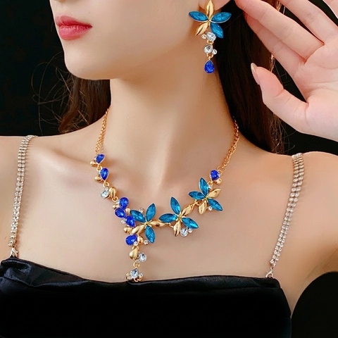 Collier Et Boucles D'oreilles Fleur Vintage Alliage Strass Bleu Goutte Tige D'oreille En Argent Femmes Luxe Style Fête