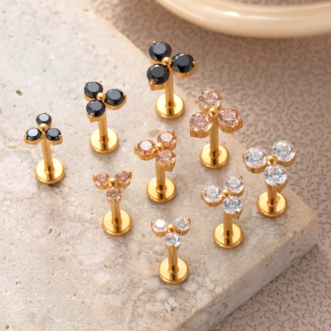 F136 Titanium Alloy Labret Piercing Jewelry Cubic Zirconia Flower Shape Cluster Stone Push In Cartilage Earring Flat Back