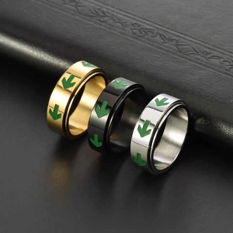 Anello Spinner In Acciaio Inossidabile Da Uomo Motivo Freccia Verde Luminosa Rotante Sollievo Stress Fascia Lucida