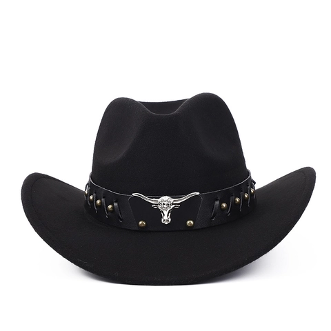 Western Cowboy Hat Wide Brim Polyester Felt Fedora With Leather Belt Metal Bull Head Retro Style For Men Women