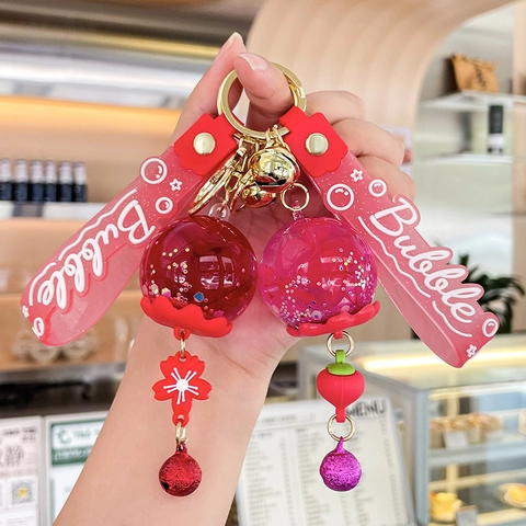 Liquid Quicksand Floating Keychain Transparent Ball With Glitter Bell PVC Wristband Cute Bag Pendant Gift For Women