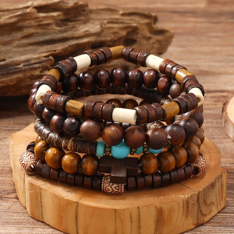 Handgemaakte Armband Van Houten Kralen Kokosnootschil En Turquoise Kralen Met Kruisje Hanger Vintage Etnische Stijl