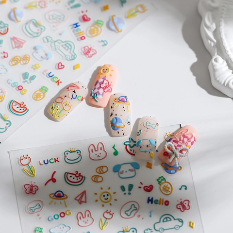 5D Embossed Nail Art Stickers Cartoon Doodle Animals Fruit Space Adhesive 3D Textured DIY Manicure Decoration Women Girls
