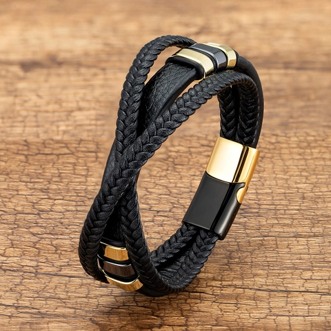 Bracciale In Pelle Intrecciata Multistrato Con Chiusura Magnetica In Acciaio Inossidabile Gioielli Punk Da Uomo