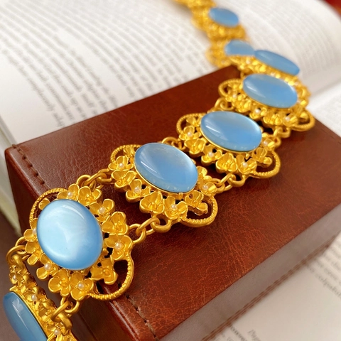 Collana In Rame Barocco Vintage Placcata Oro Fiore Cavo Pietra In Resina Blu Catena Per Clavicola Per Donna
