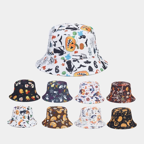 Reversible Halloween Bucket Hat Polyester Pumpkin Skeleton Print Breathable Sunshade Unisex Retro Party Accessory Cap
