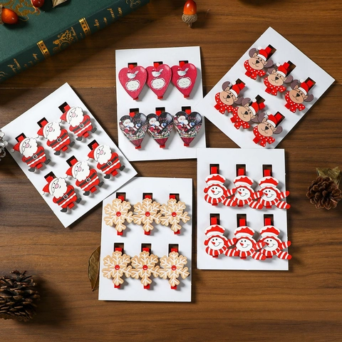 Christmas Wooden Clips Santa Snowman Reindeer Snowflake Heart Painted Pegs For Photo Wall Holiday Decoration Festive Ornament