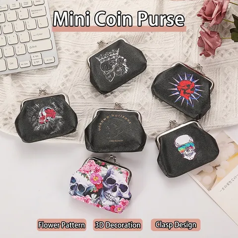 Vintage Gothic Skull Print Mini Coin Purse PU Leather Kiss Lock Clasp Portable Change Pouch Wallet