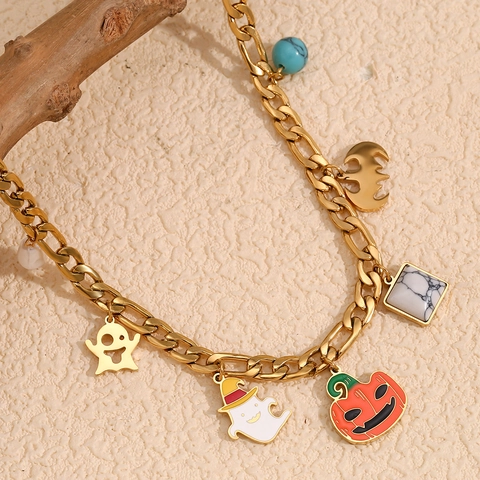 Collar Halloween Fantasma Calabaza Murciélago Mujer Bañado Oro 18K Acero Inoxidable Cadena Figaro Perla Artificial Turquesa Mármol
