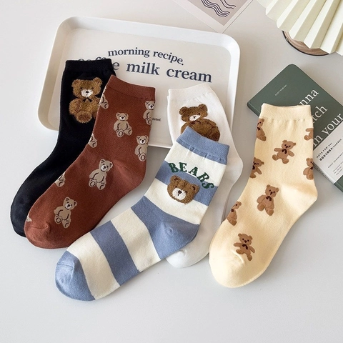 Cute Teddy Bear Mid-Calf Crew Socks For Women Sweet Korean Style Striped Embroidery Soft Knit Fashion Hosiery