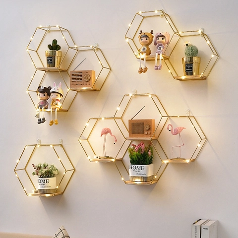 Hexagonal Wall Mounted Shelves Metal Iron Wood Geometric Storage Rack With LED String Lights Nordic Home Decor