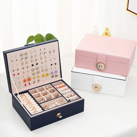 Double Layer PU Leather Jewelry Box Large Capacity Earring Ring Storage Organizer Case With Metal Rhinestone Lock For Women Jewelry