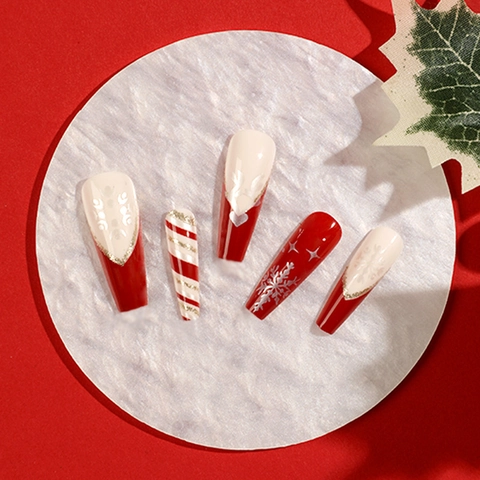 Faux Ongles De Noël À Presser Forme Cercueil Long Rouge Blanc Flocon De Neige Rayures Sucre D'orge Paillettes Manucure Festive