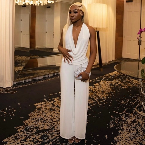 Halter Neck Draped Cowl Top And Wide Leg Pants Backless Pleated High Waist Polyester Casual Party Streetwear Women