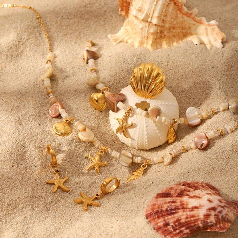 Starfish Seashell Necklace Bracelet Earrings Ring Stainless Steel Gold Plated Shell Beads Ocean Theme Trendy Women