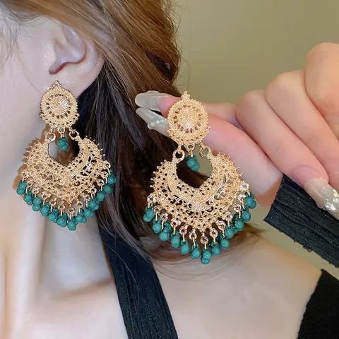 Ethnic Bohemian Drop Dangle Earrings Alloy Faux Artificial Pearl Tassel Vintage Enamel Rhinestone With Steel Earring Post