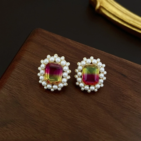 Vintage Gradient Square Gemstone Stud Earrings With Faux Artificial Pearl And Silver Earring Post French Fashion Jewelry For Women