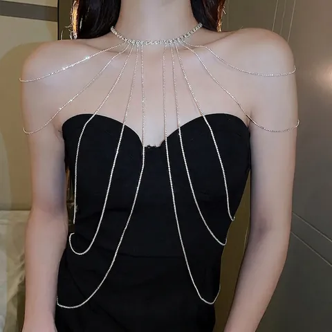 Rhinestone Tassel Body Chain Necklace Multilayer Alloy Shoulder Chain For Wedding Bridal Evening Party Luxury Jewelry