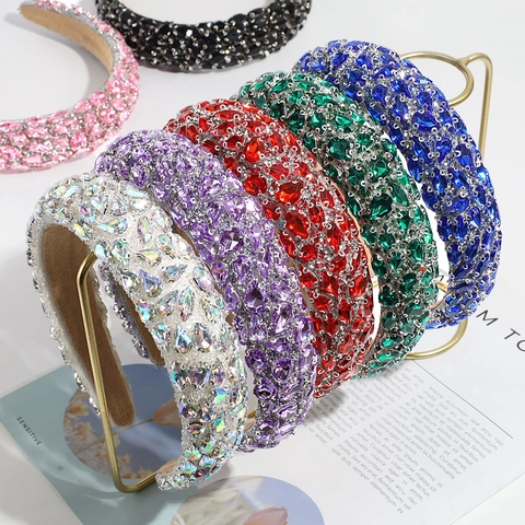 Baroque Luxury Rhinestone Wide Headband Colorful Crystal Padded Hair Band For Women Party Wedding Banquet Accessory