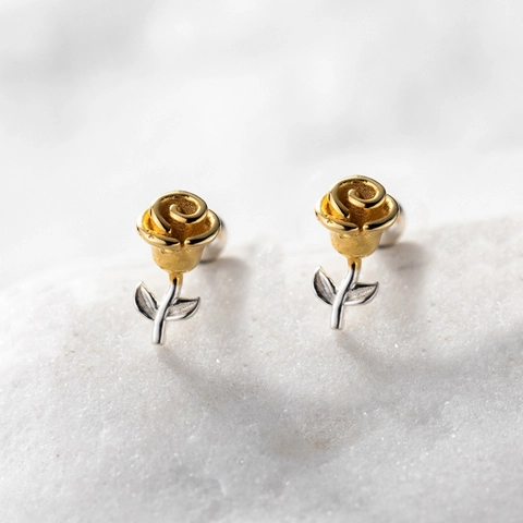 Roos Bloem Oorknopjes Tweekleurig Goud Zilver Verguld Koper Met 925 Sterling Zilveren Oorsteker Franse Stijl Elegant