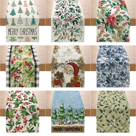 Christmas Table Runner Polyester Floral Print Holiday Dining Table Decoration Festive Kitchen Entryway