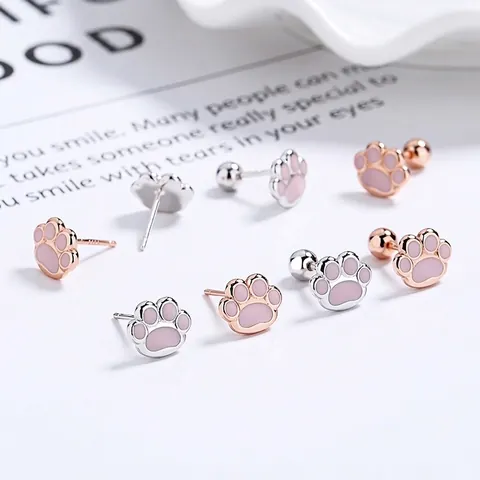Cute 925 Sterling Silver Cat Paw Stud Earrings Pink Enamel Animal Footprint Ear Bone Stud For Women Minimalist Jewelry