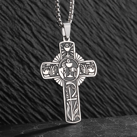 Religiöse Kreuzkette Anhänger Aus Edelstahl Mit Gral Und Chi-Rho Symbolen Kirchenschmuck Für Herren Und Damen
