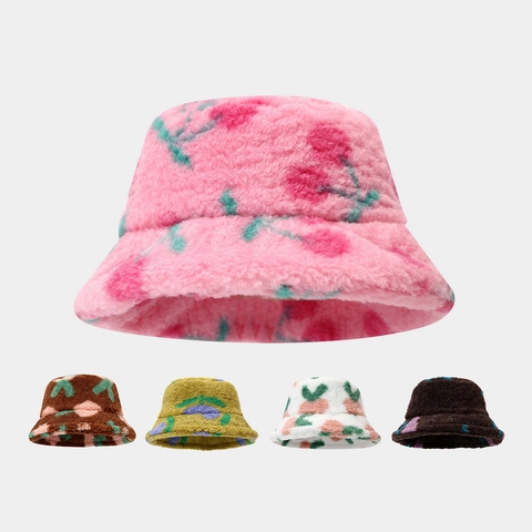 Cappello Alla Pescatora Peluche Pelliccia Sintetica Caldo Inverno Esterno Stampato Floreale Ciliegia Casual Per Donne