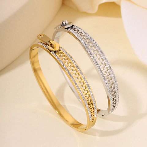 Unique Zipper Design Bangle Stainless Steel Rhinestone Inlaid Fashion Hinged Bracelet For Women Exquisite Jewelry