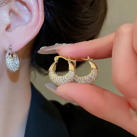 Shiny Zircon Round Hoop Huggie Earrings Micro Paved Copper Elegant Jewelry For Women Daily Wear Minimalist Design