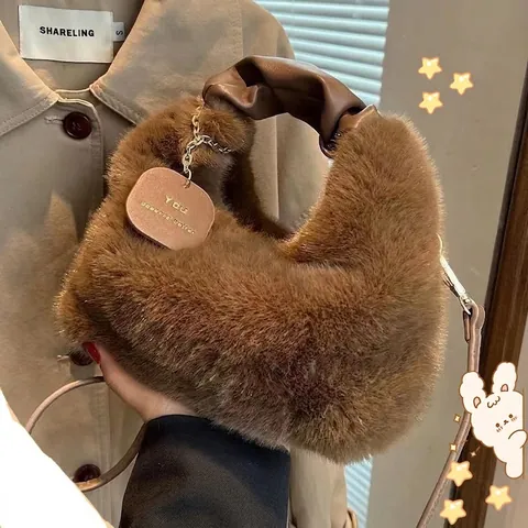 Women Plush Faux Fur Handbag Knotted Handle Chain Decor Winter Fashion Crossbody Hobo Bag