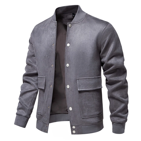 Veste Bombardier Homme En Suède Synthétique Col Montant Décontractée Style Baseball Avec Poches À Rabat Bouton Pression