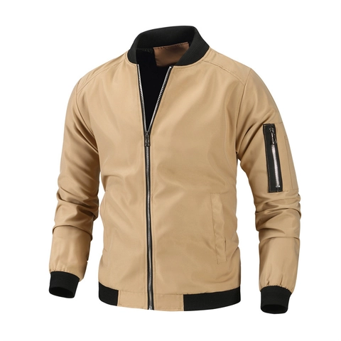 Men Bomber Jacket Windproof Polyester Flight Coat Casual Tactical Outerwear Ribbed Trim Multi Pockets Zipper Fashion