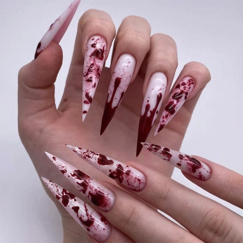 Halloween Press On Uñas Largas Stiletto Uñas Postizas Diseño De Salpicaduras De Sangre Roja Gothic Horror Party Para Mujeres