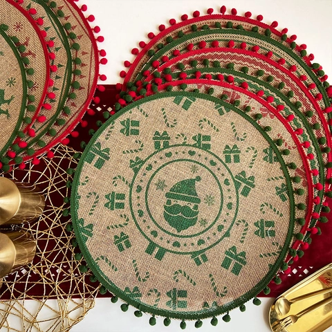 Sets De Table De Noël Ronds En Toile De Jute Avec Bordure À Pompons Imprimé Renne Flocon De Neige Tapis Tissés Vintage